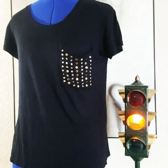 ACTIVE USA | Black Bedazzled Pocket Crew Neck Tee Small - Picture 1 of 6